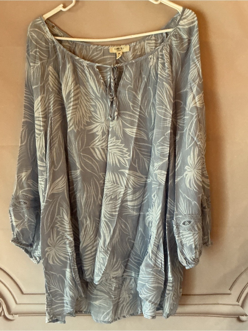 ✨Como Blu Light Blue Palm Leaf Print Semi-Sheer Pullover Blouse 3XL NWOT